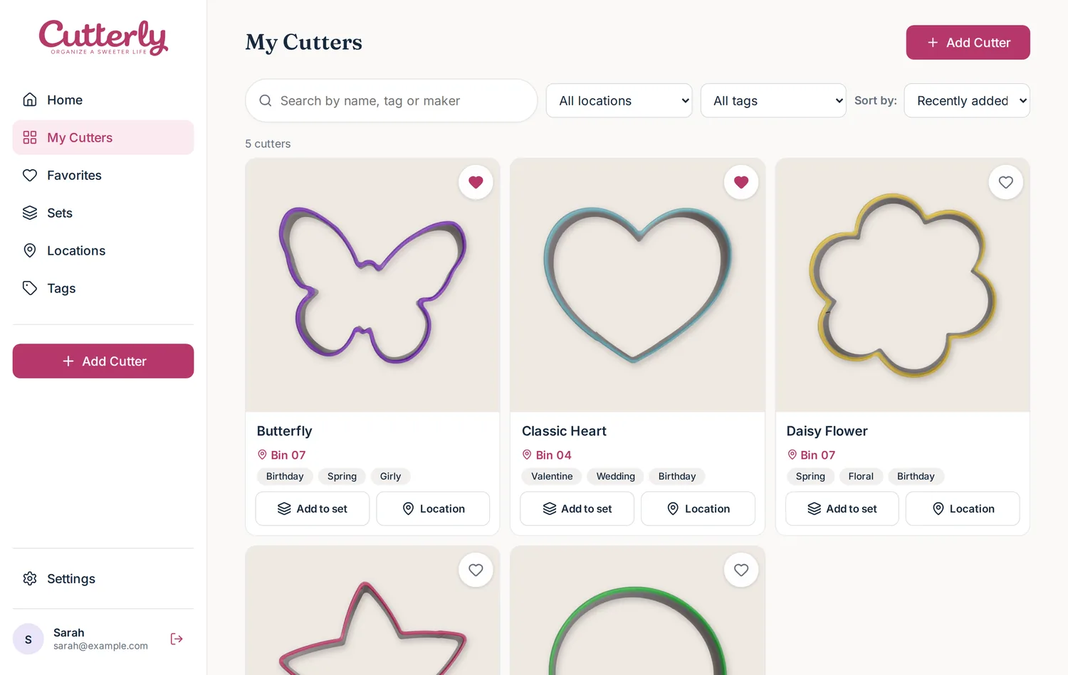 The Cutterly collection: a grid of cookie cutter photos, each with its bin, tags and quick buttons