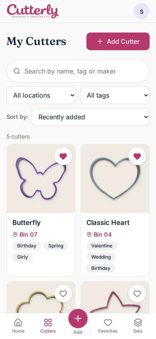 Cutterly's collection screen on a phone
